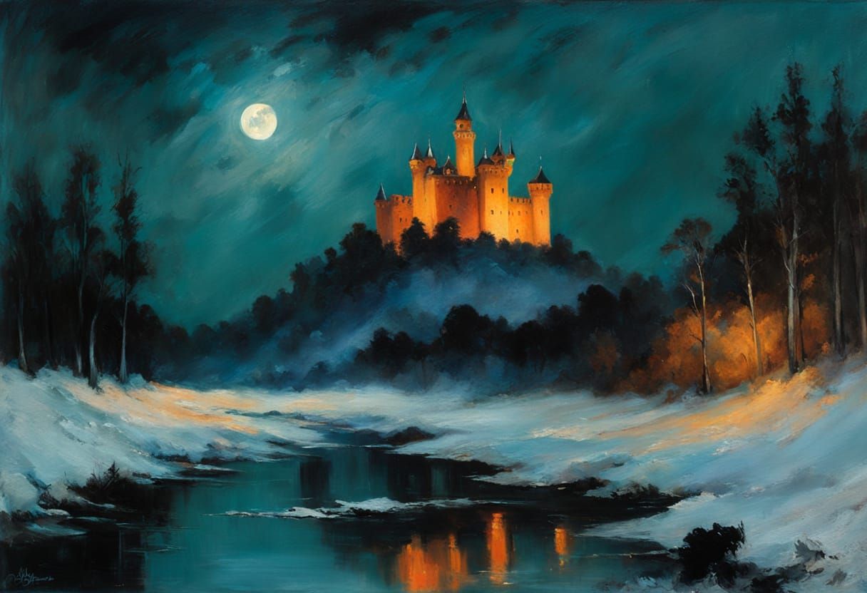 Moonlit Castle Kingdom Landscape in Oil Painting Style