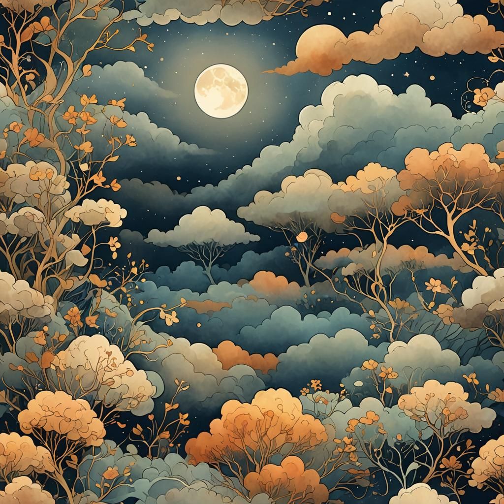Moonlit Foggy Cloudscape in Art Nouveau Style
