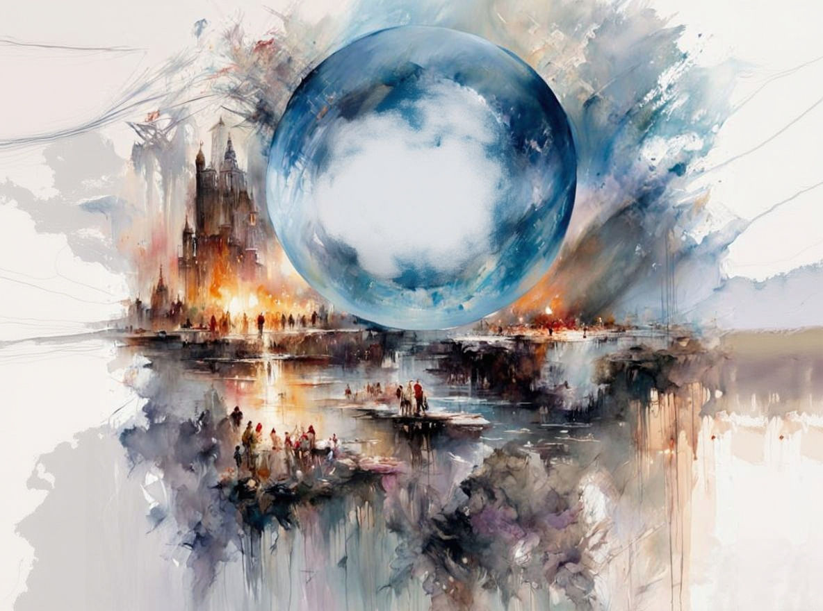 Aging Earth's Cosmic Transformation in Watercolour