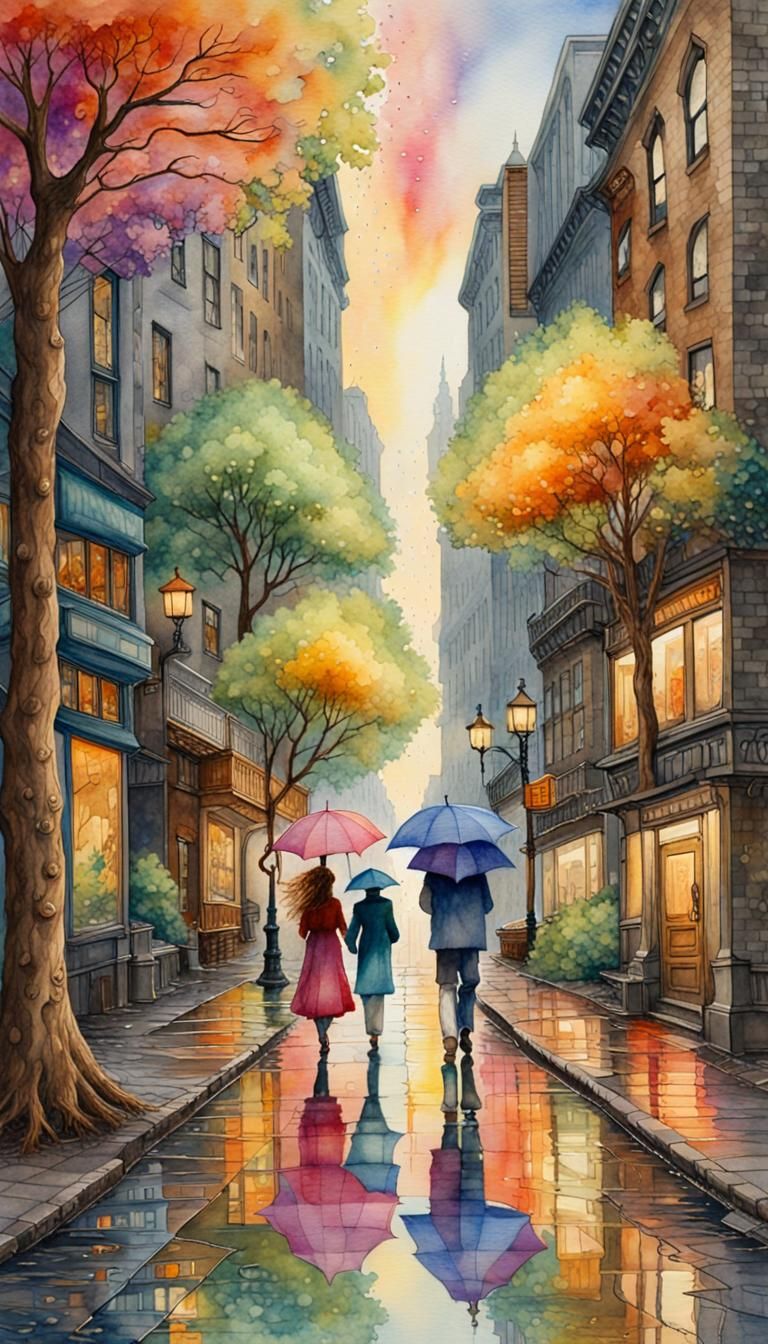 Cobblestone Street Scene in Watercolor Style