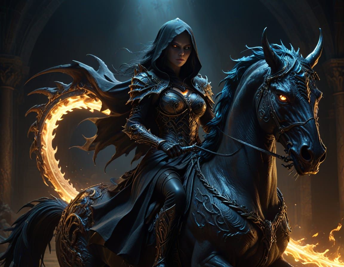 Grim Reaper Woman on Warhorse in High Fantasy Style