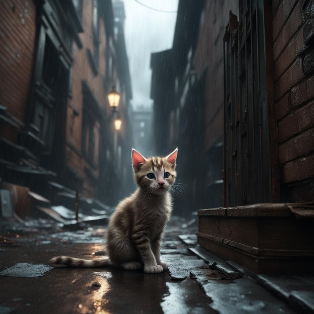 Abandoned Kitten in Rainy Alley: Dramatic Digital Painting