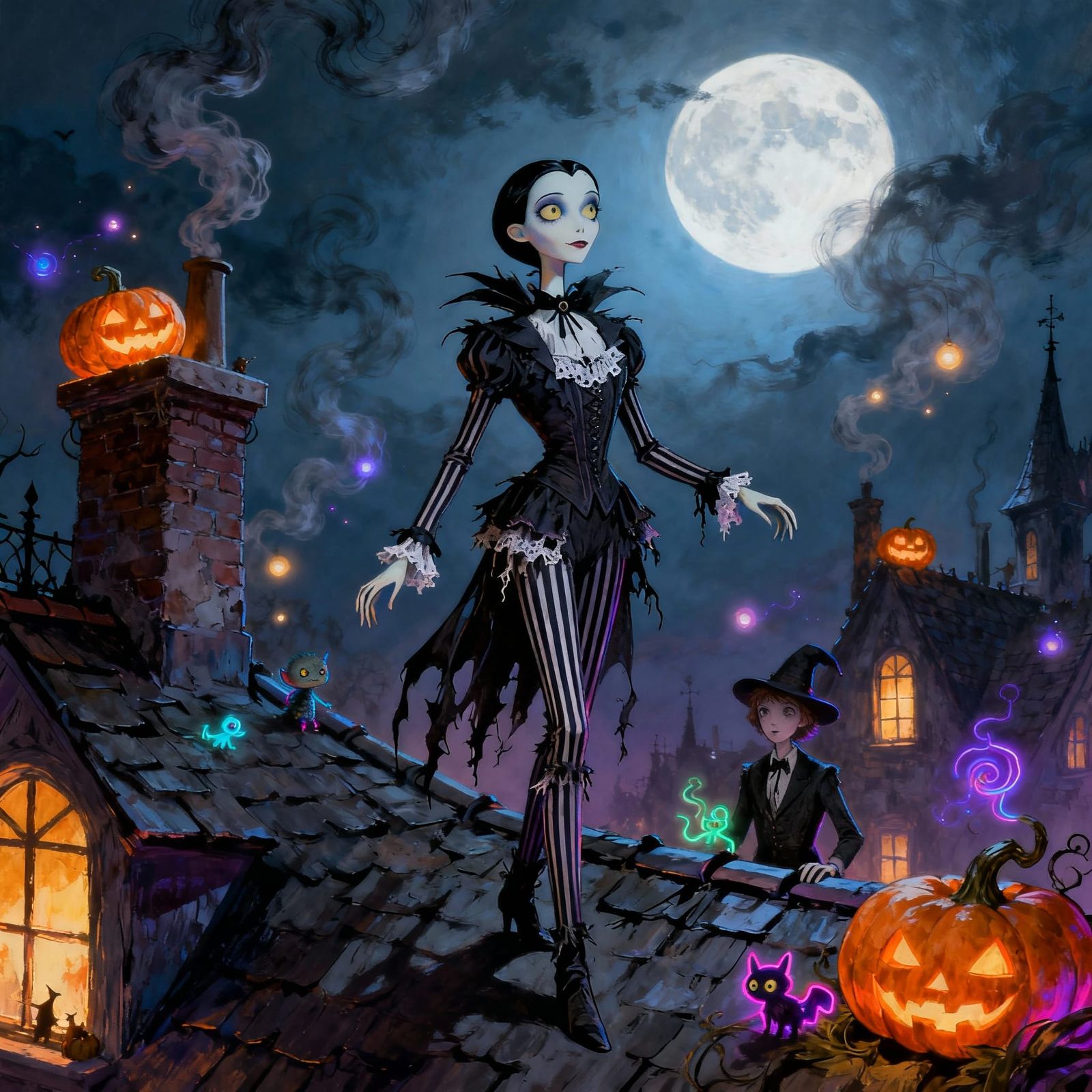 Tim Burton-Inspired Halloween Character on Rooftop