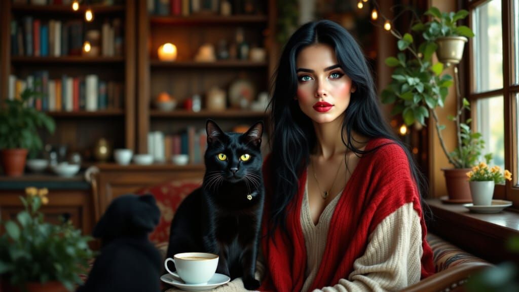 Babushka Portrait With Cat in Cozy Cabin