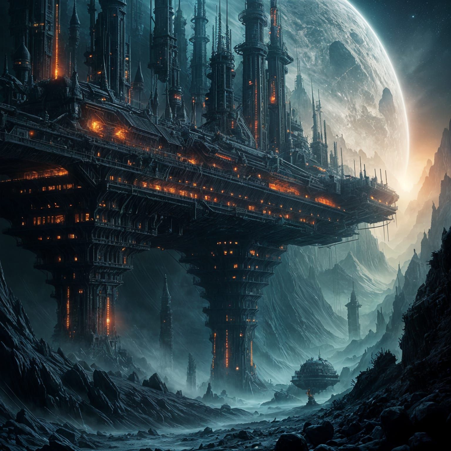 Ominous Space Station Above Dark Planet in Cosmic Horror Sty...