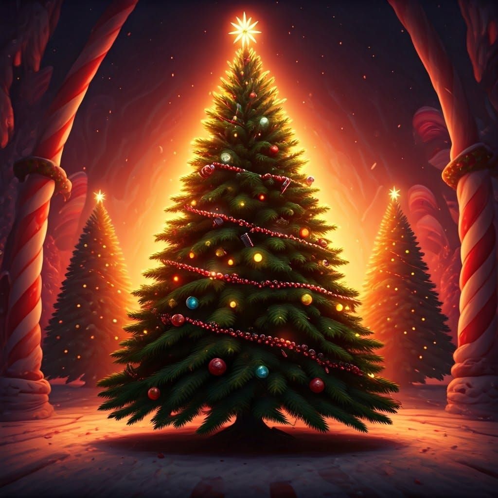 Whimsical Christmas Trees in Vibrant, Dreamlike Settings