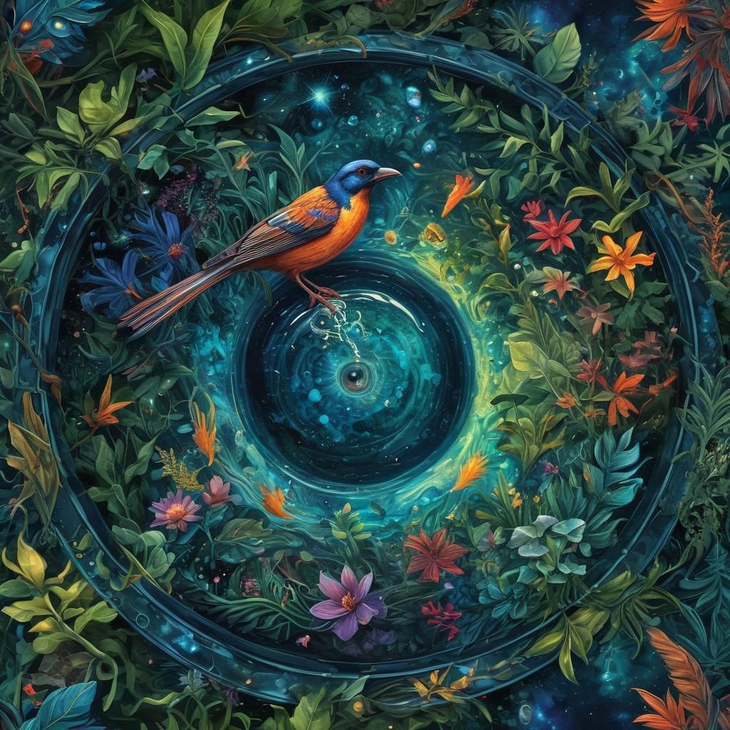 Cosmic Bird Bath in Lush Astral Garden