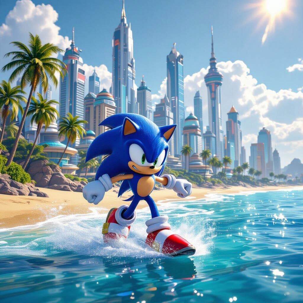 Sonic the Hedgehog in Golden Bay, Vibrant Coastal Metropolis