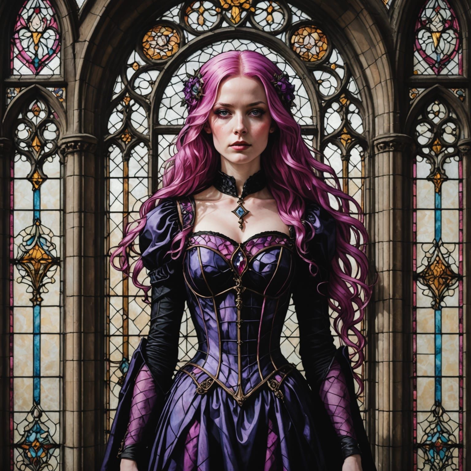 Stained Glass Portrait of Pink-Haired Gothic Woman