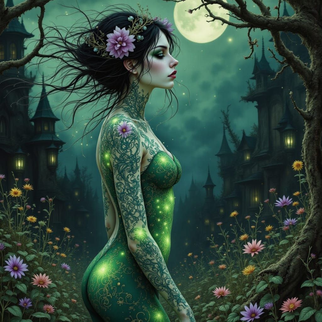 Surreal Gothic Fairy in Bioluminescent Green Tattoos, Enchan...