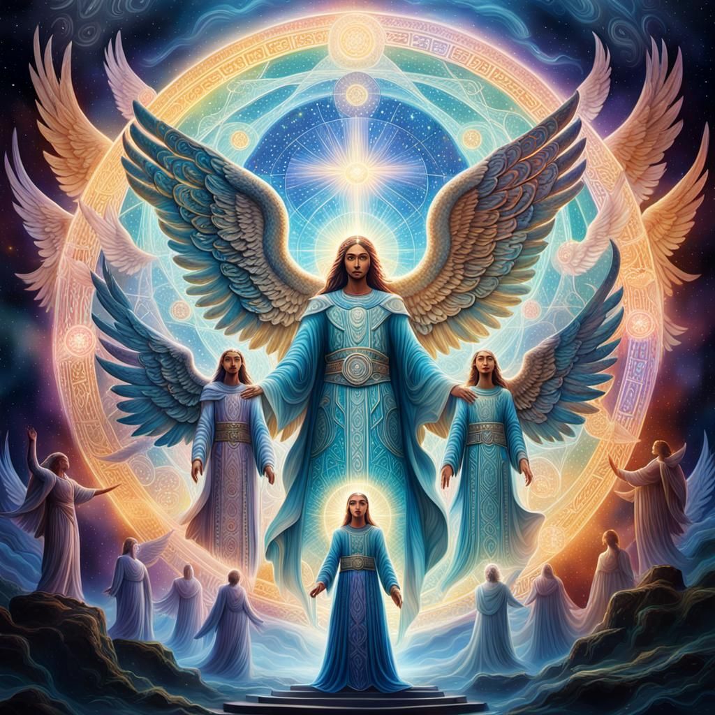 Angelic Unity: Holographic Astral Cosmic Illustration