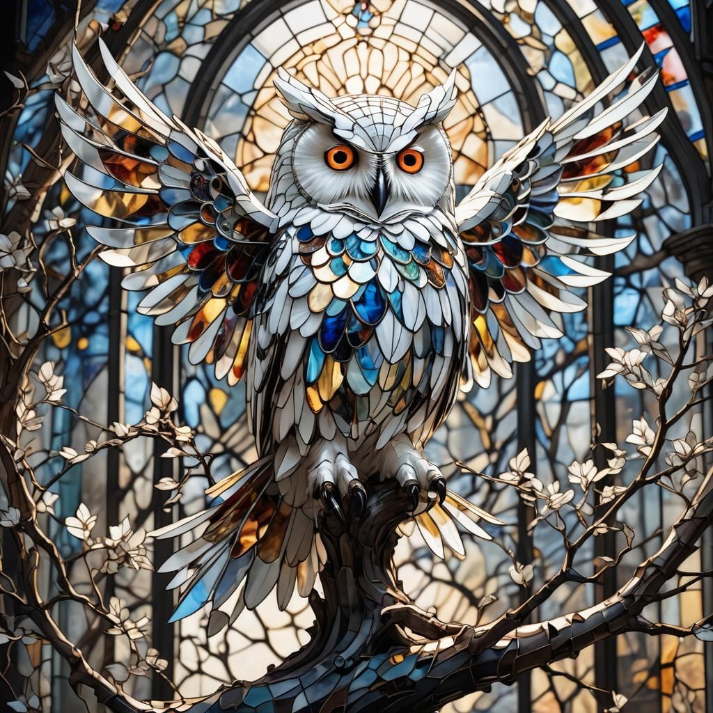 Biomechanical Stained Glass Owl: Sci-Fi Concept Art