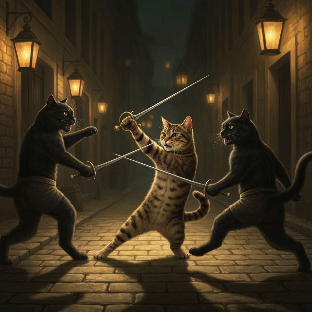 Tabby Cat's Epic Sword Fight with Two Black Cats