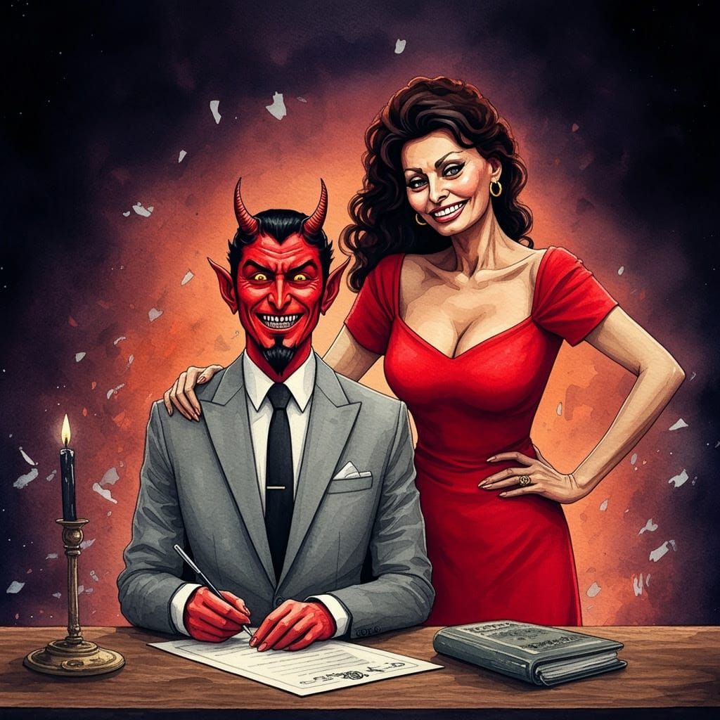 Sophia Loren and Devil in Impressionistic Illustration