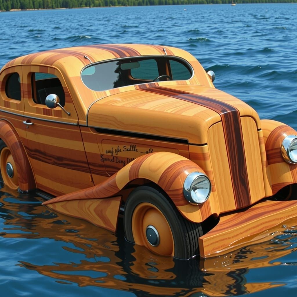 Wooden Car Floating in Ocean with Ornate Details