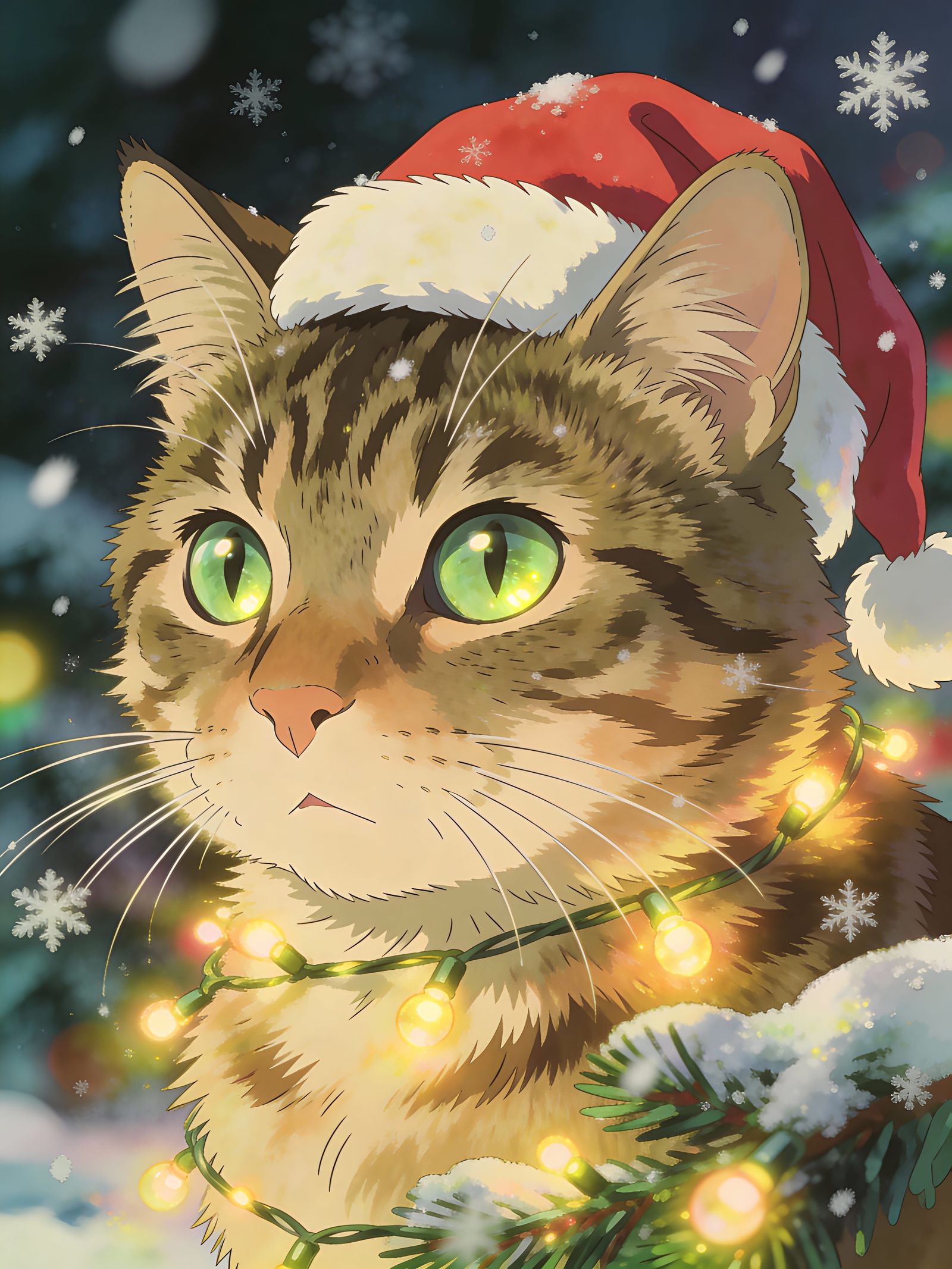 Festive Cat with Glowing Eyes and Santa Hat