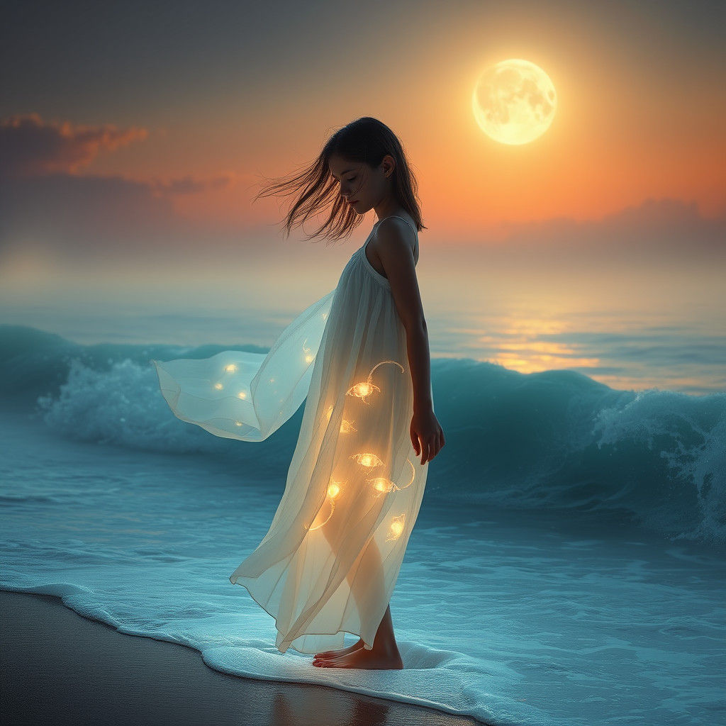 Girl Transforming into Ocean Waves in Surreal Style