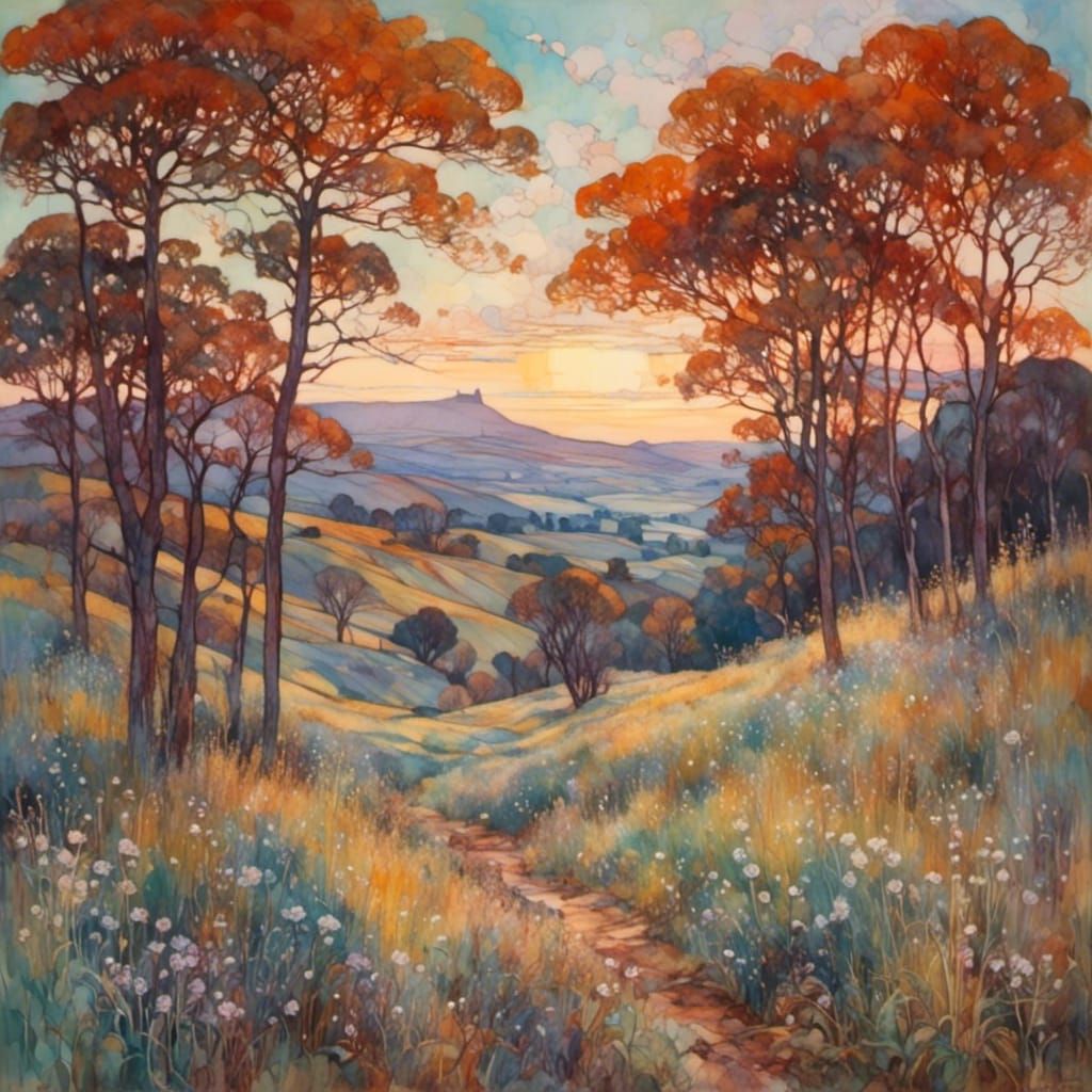 Landscape in Tiffany Style with Impasto Elements