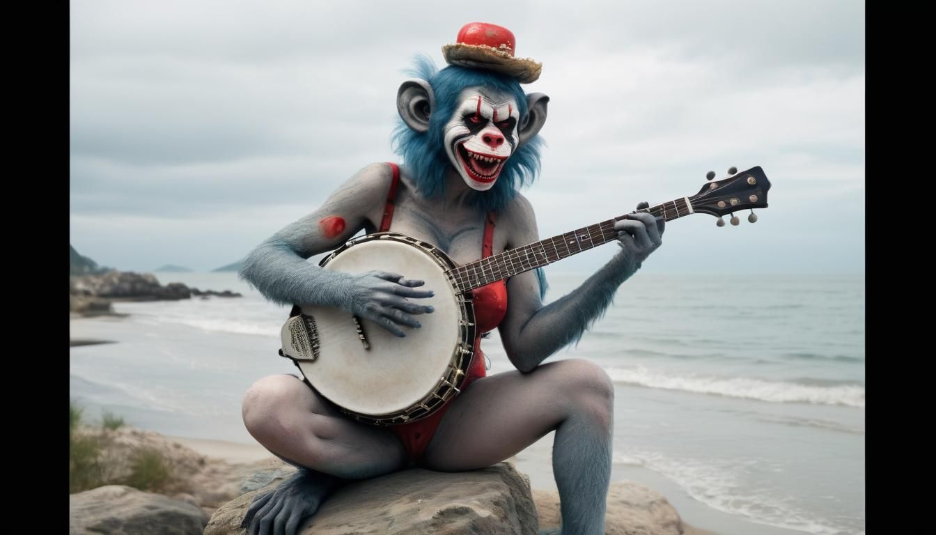 Zombie Clown Monkey Plays Banjo on Beach