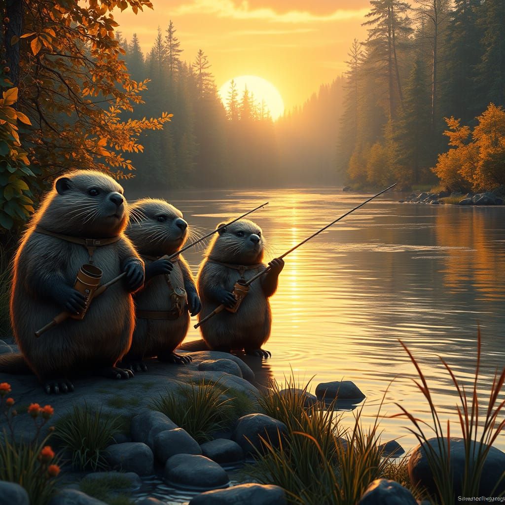 Beavers Fly Fishing on a Serene River at Sunrise