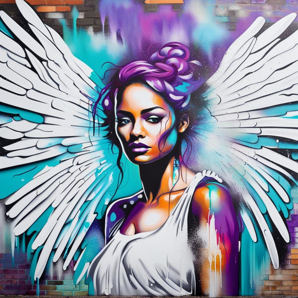 Woman with Wings Graffiti Art on Brick Wall