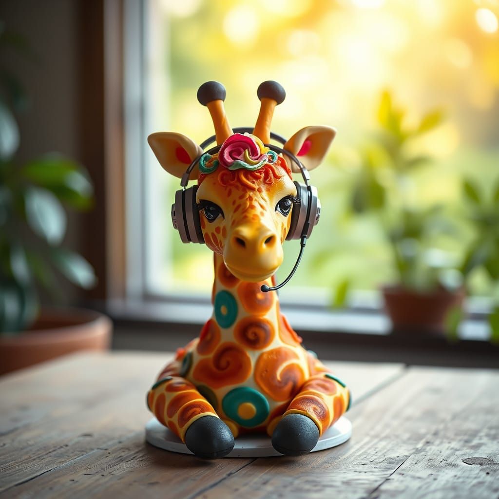 Vibrant Cake Giraffe in Modern Headsets