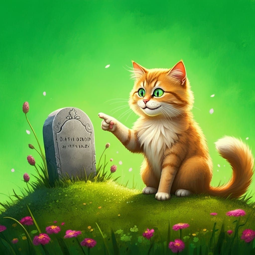 Cat Points to Dog Grave in Lush Meadow