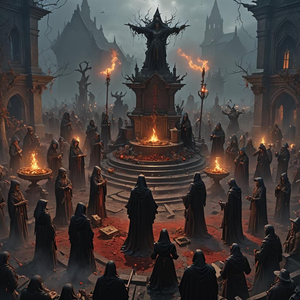 Witch Coven Sacrifice in Graveyard, Dark Fantasy Art
