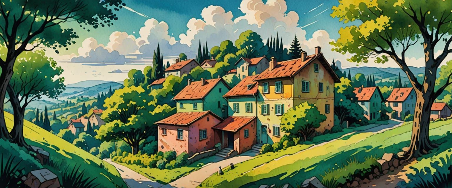 Whimsical Village in Watercolor Comic Book Style