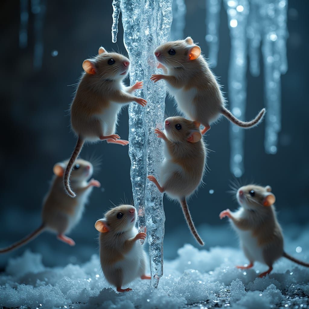 Hyperrealistic Hamsters Climbing Crystal Icicles in Cinemati...