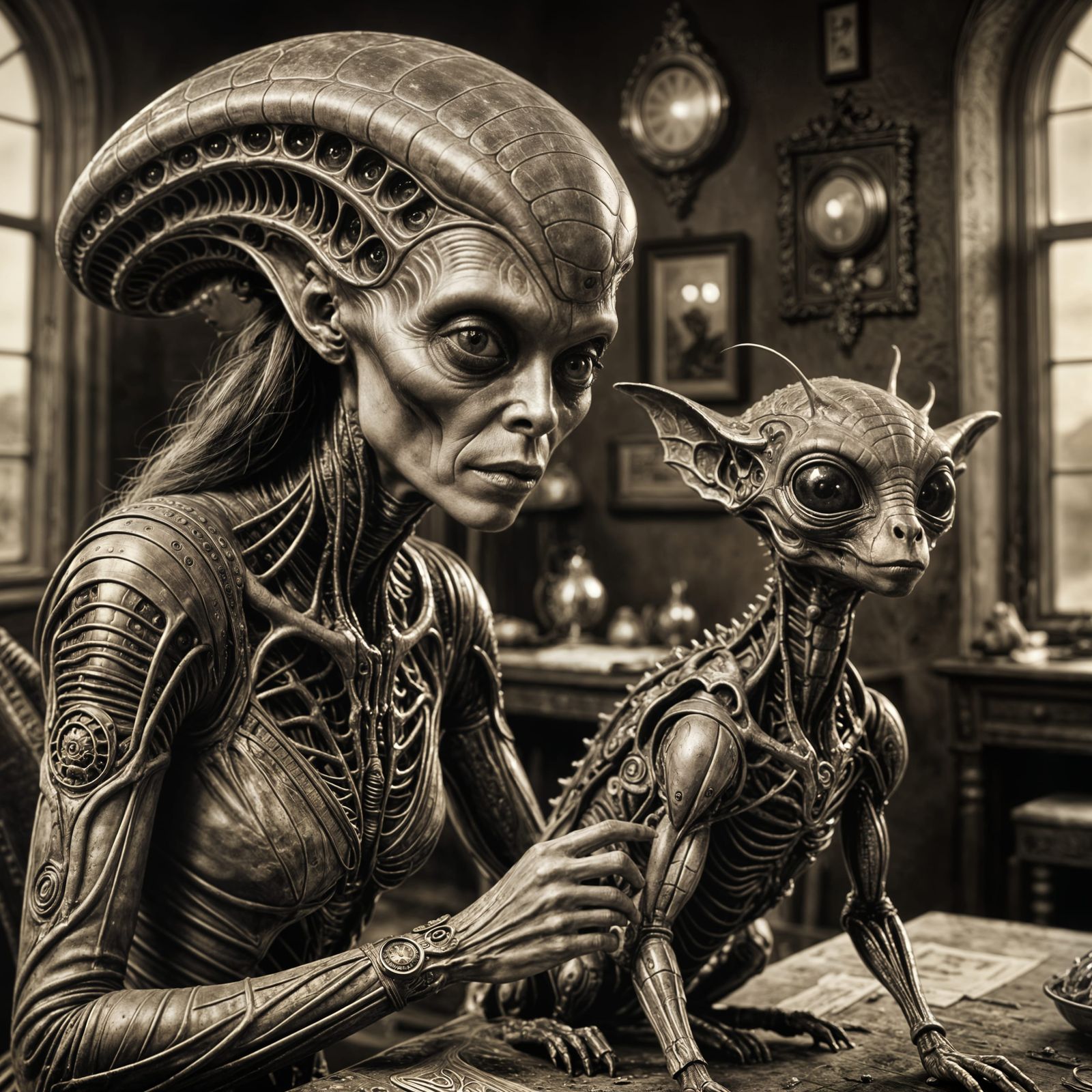 Alien Woman with Pet in Sepia Photograph