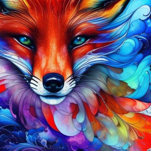 Beautiful Fox in Black Ink Flow Japanese Art