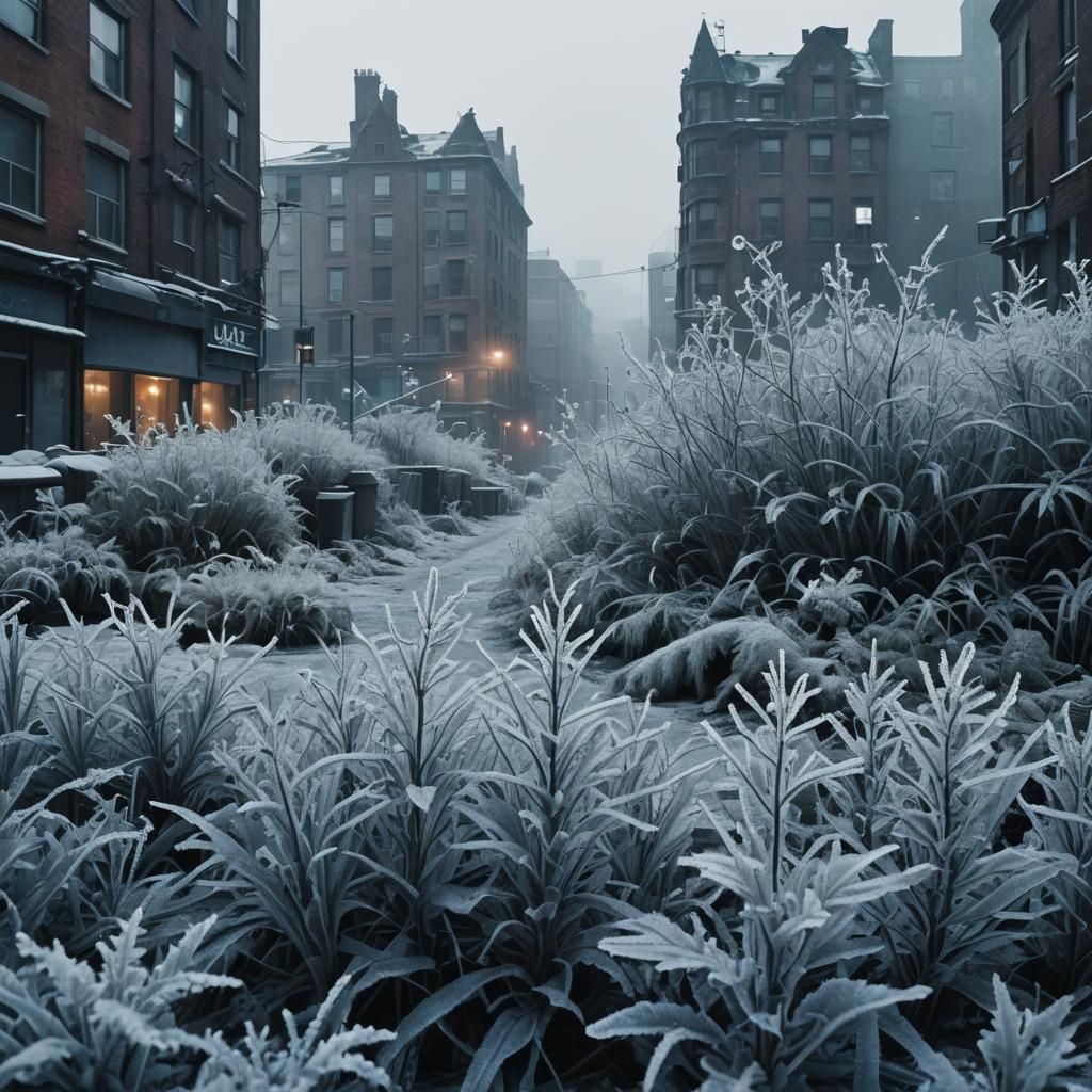 Frosted Cityscape with Shimmering Crystals in 8K