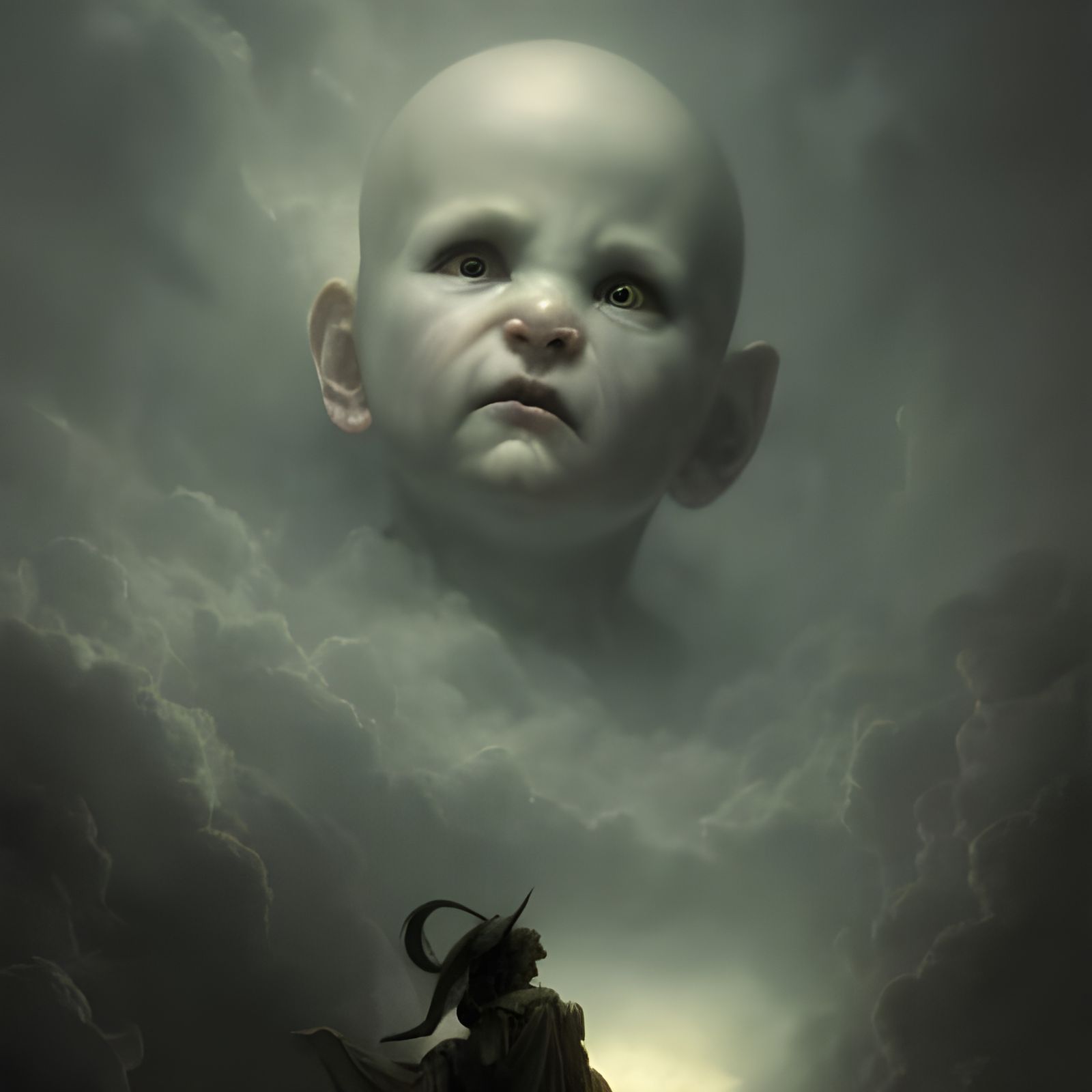 Sinister Demon Baby Floats in Dark Sky