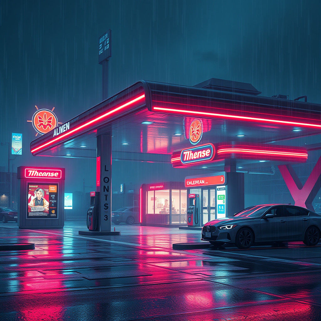 Dystopian Alien Gas Station in Cyberpunk Style