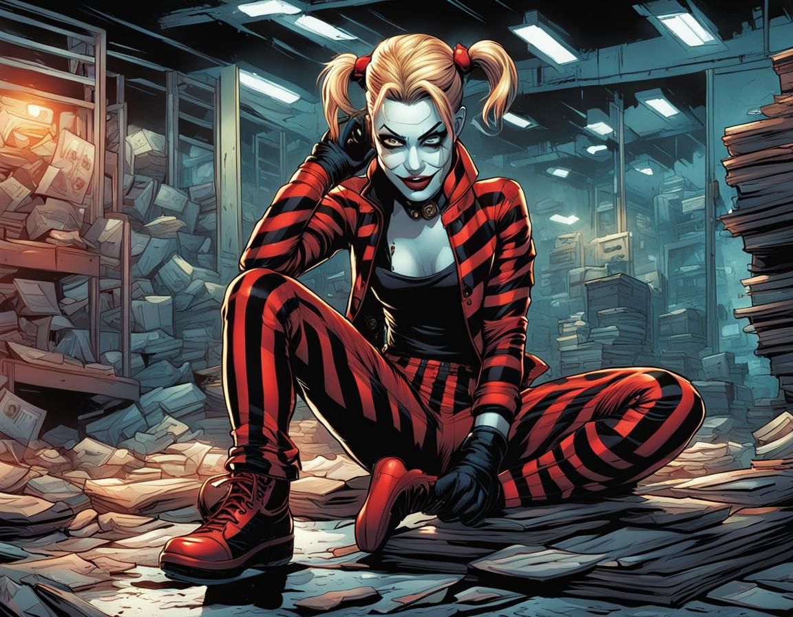 Harley Quinn in Striped Jumpsuit, Comic Book Art