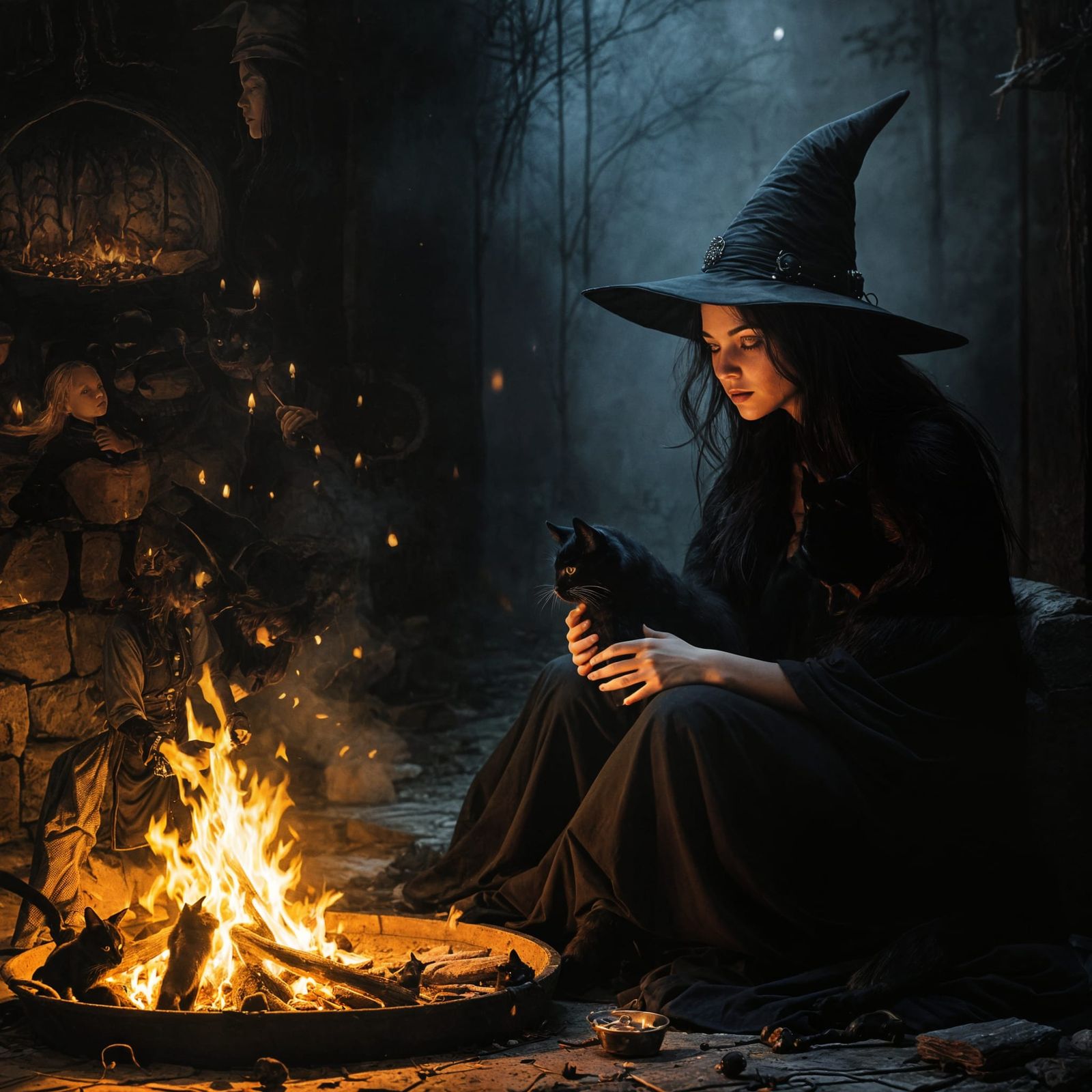 Witch and Black Cat by Fire: Pen and Ink Drawing