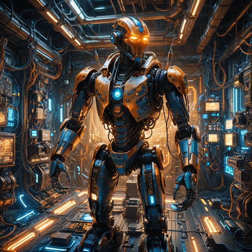 Futuristic Robot in Glowing Laboratory