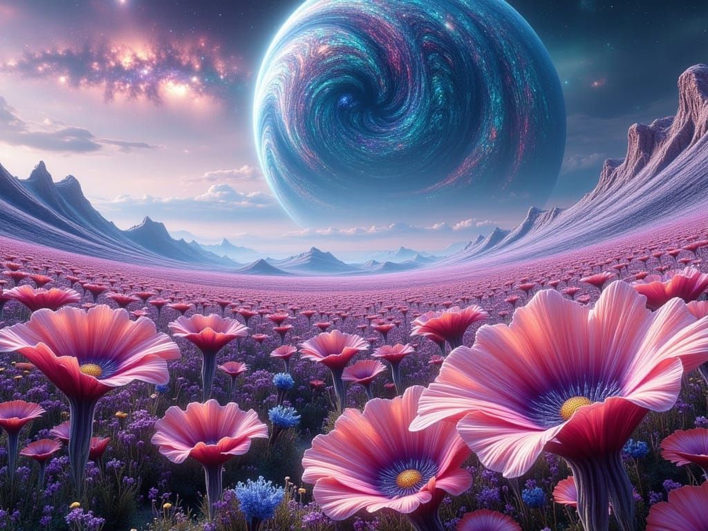 Crystal Bloomscapes Under Gas Giant Skies