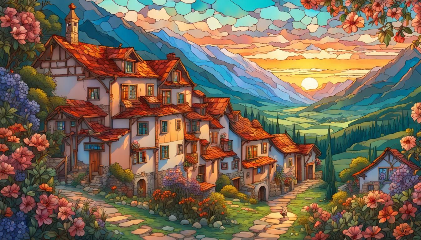 Picturesque Countryside Village at Sunset, Stained Glass Art