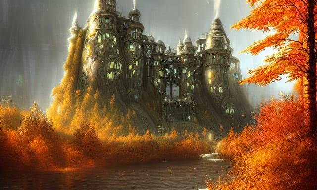 Fantasy Fortress Surrounded by Autumn Birch Trees