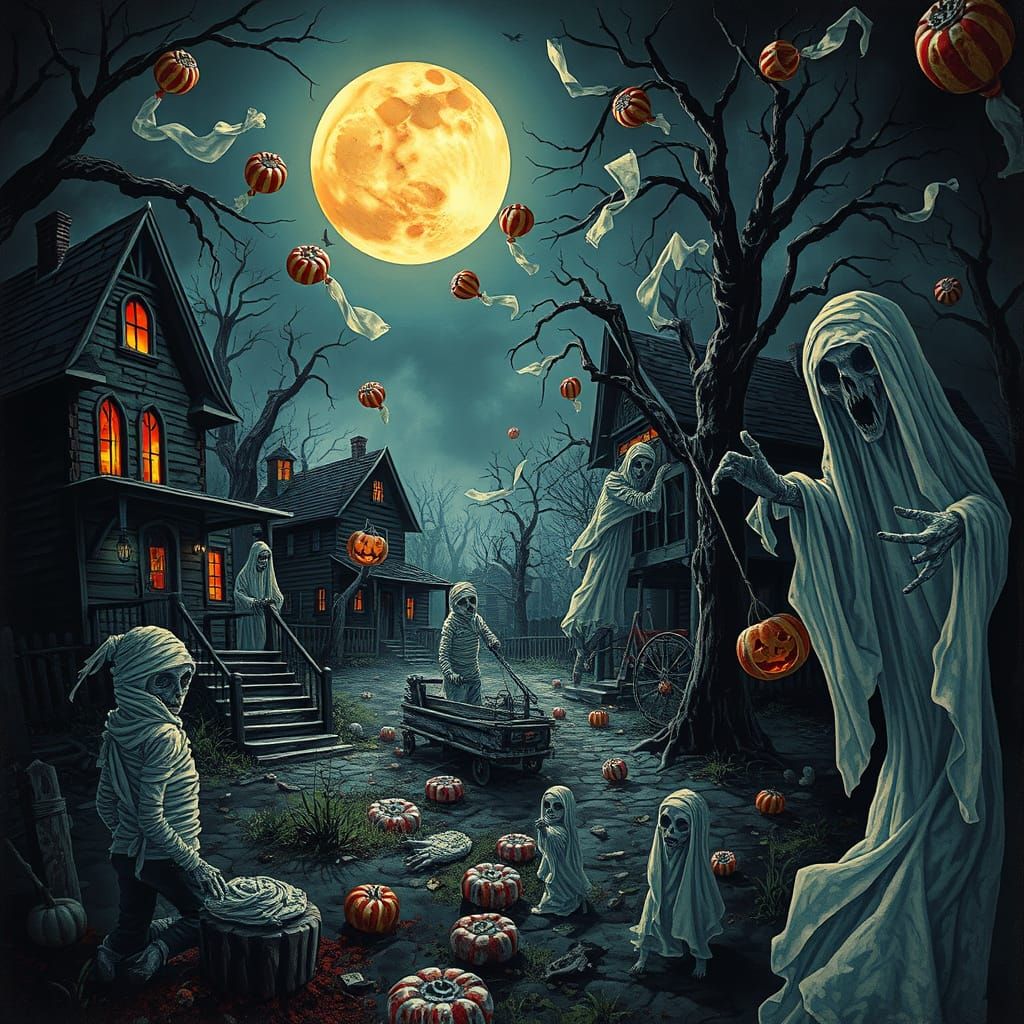 Eerie Halloween Night with Mummies and Ghosts