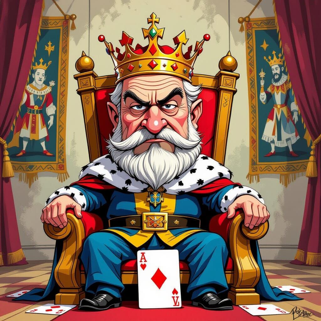 Comical King on Card Throne, Exaggerated Caricature Style