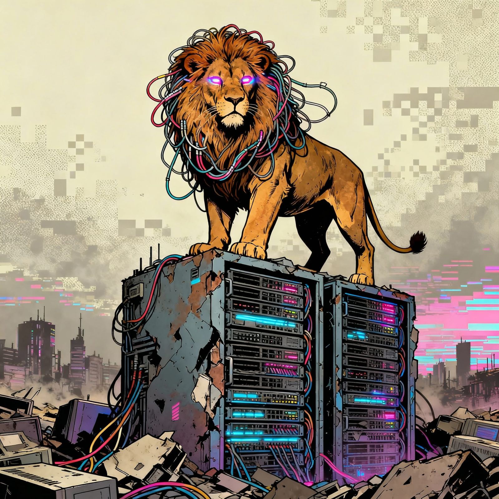 Lion on Server Rack in Graphic Novel Style