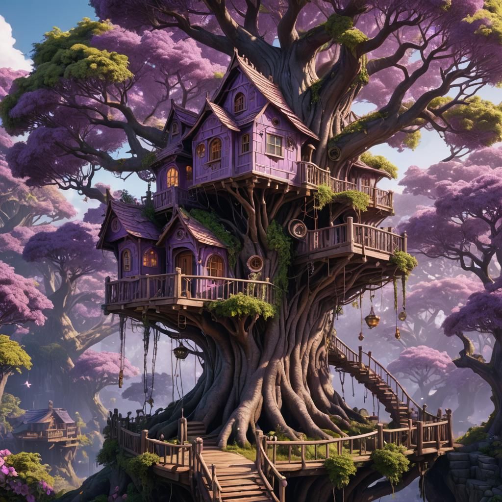 Magical Purple Treehouse in Detailed Matte Painting