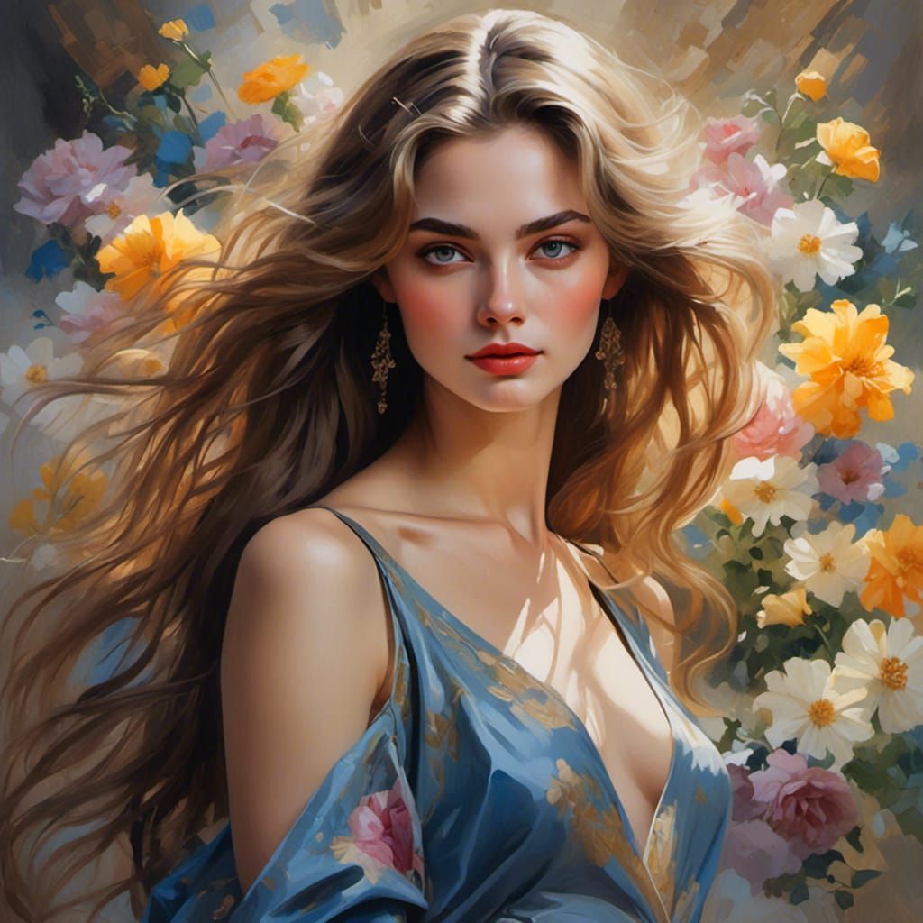 Hand-Drawn Sketch of a Young Woman with Flowers