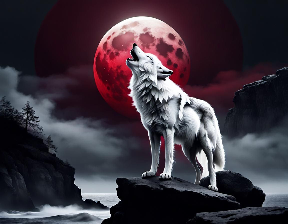 Ethereal White Wolf Howling at Crimson Moon