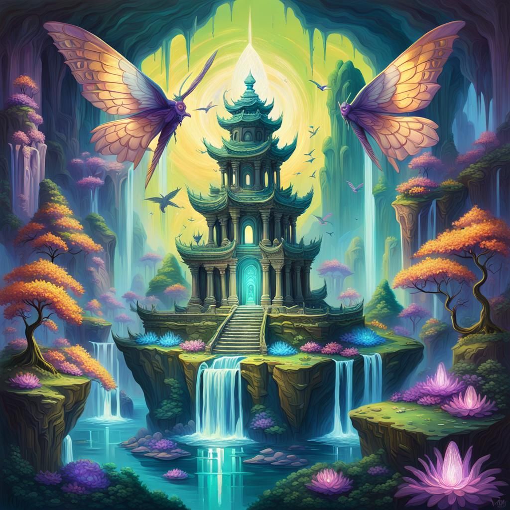 Mystical Floating Temple with Glowing Ethereal Flowers