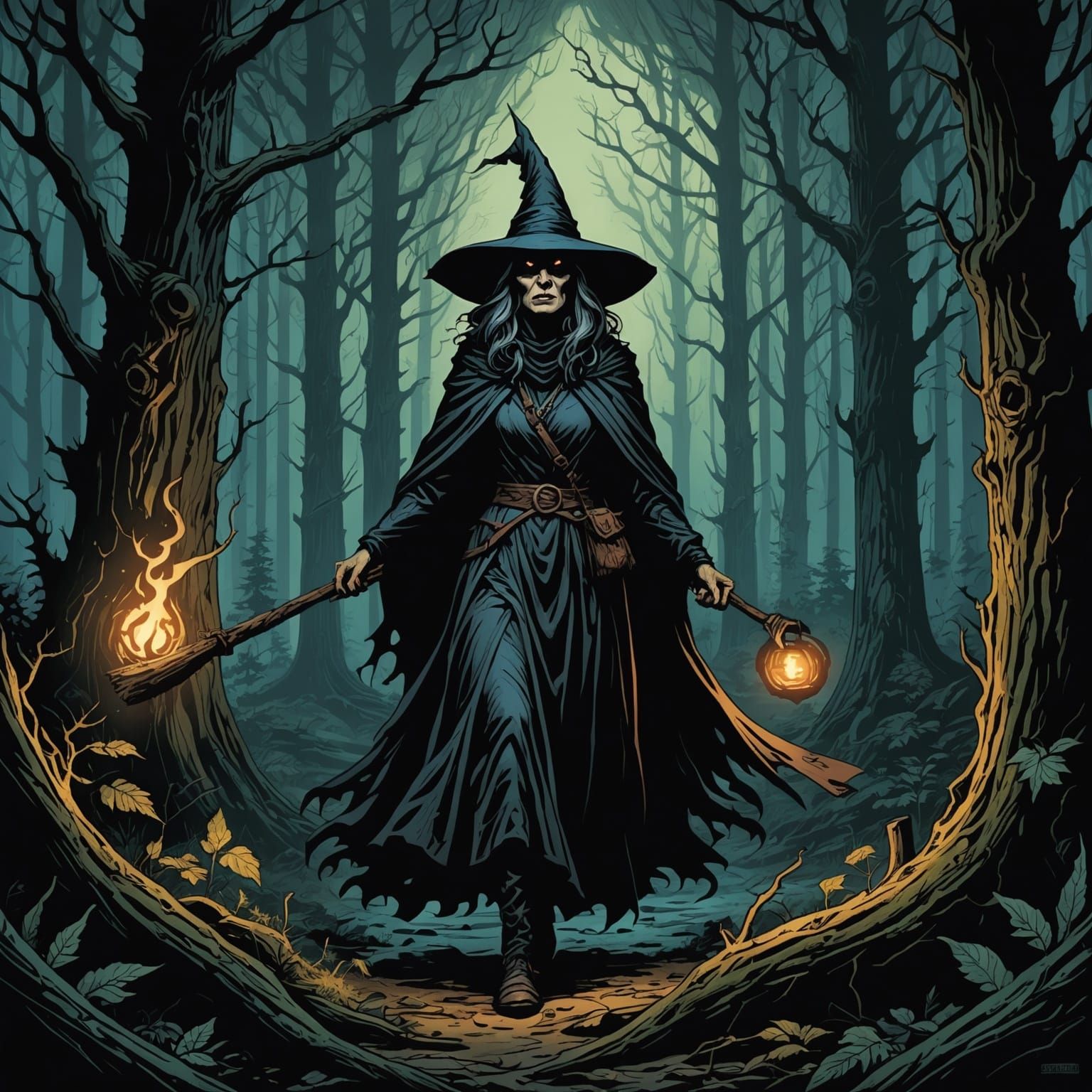 Horror Witch in Dark Forest: Comic Book Art