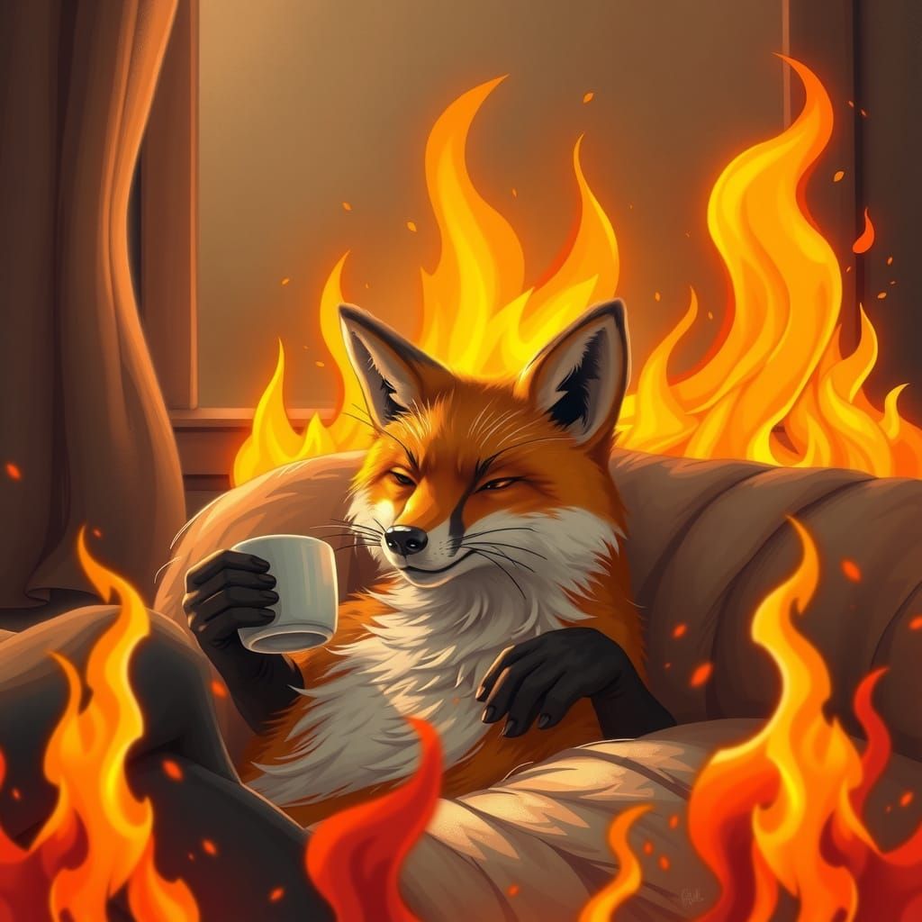 Fox Relaxing with Coffee in Burning Room